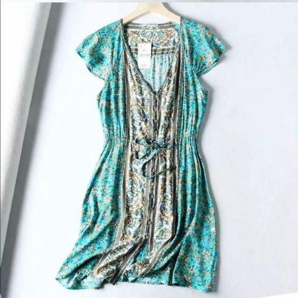 Boho Floral Gypsy Print Short Button Up Dress Blue - Picture 5 of 8